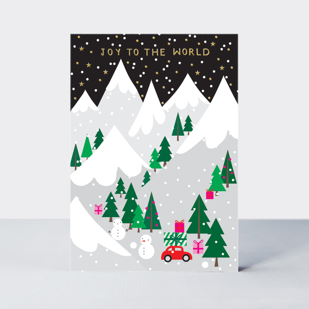 Christmas Card - Joy To The World - Snow Scene -Evergreen