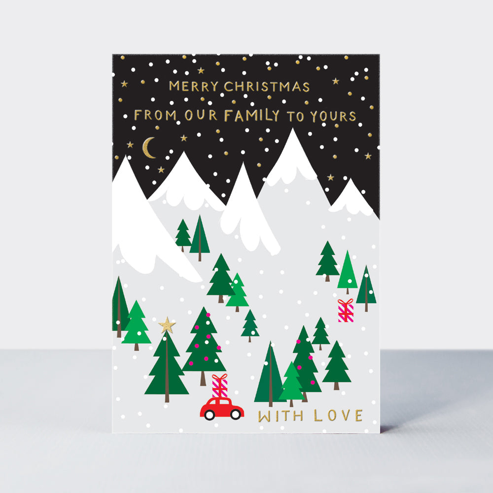Christmas Card - From Our Family To Yours- Snow Scene -Evergreen