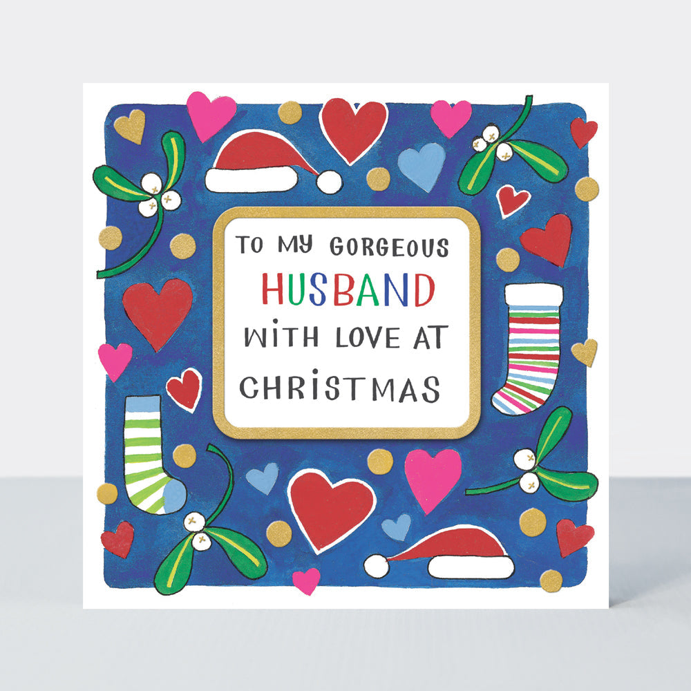 Christmas Card - Gorgeous Husband - Hearts, Mistletoe & Santa Hats