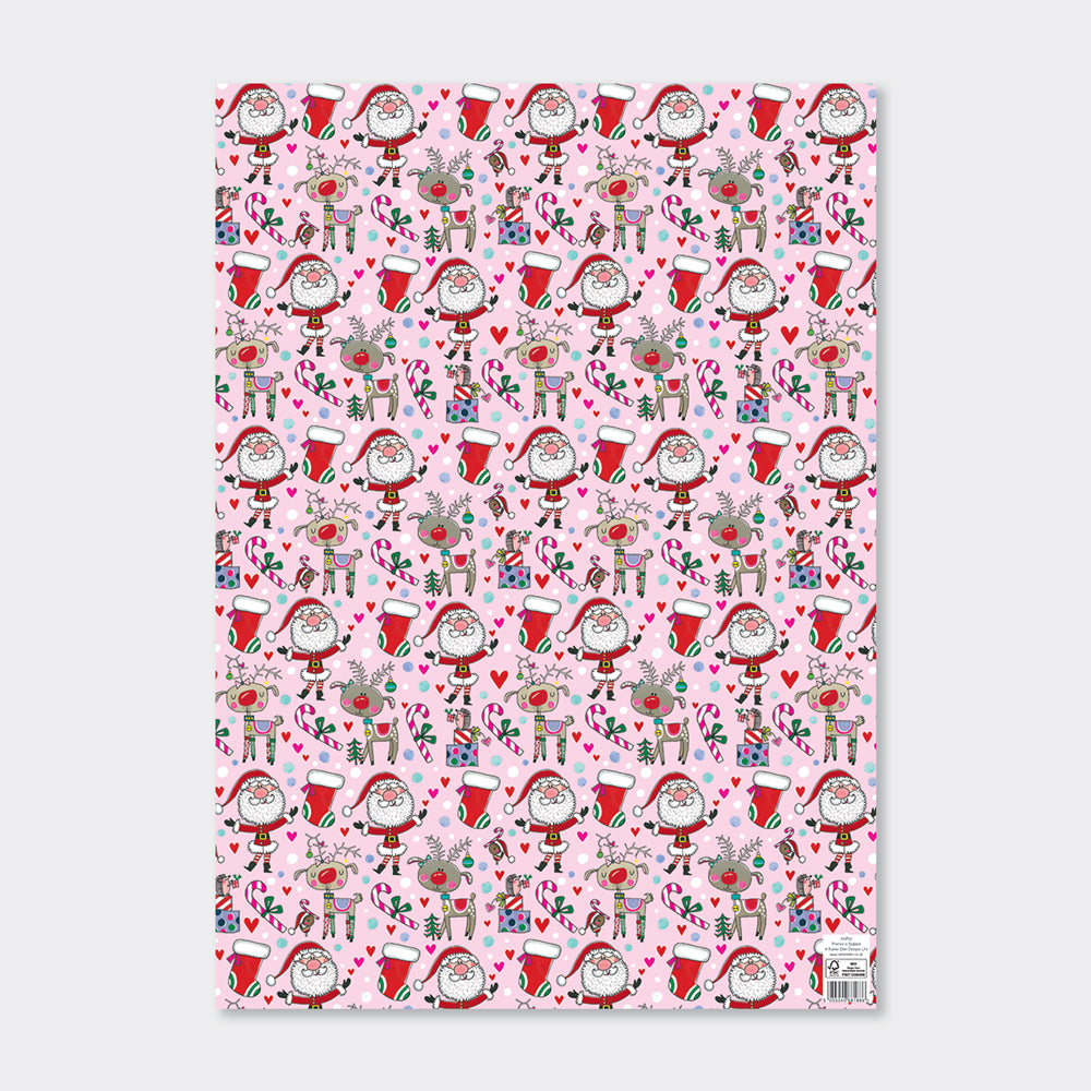 Christmas Gift Wrap Sheet - Santa & Reindeer - Pink & Red