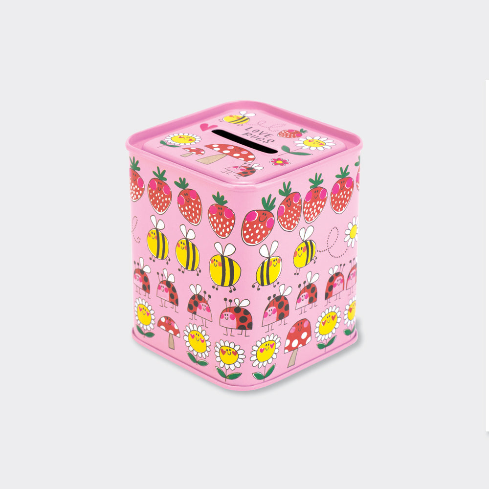 Money Box Tin - Love Bugs Ladybirds on pink