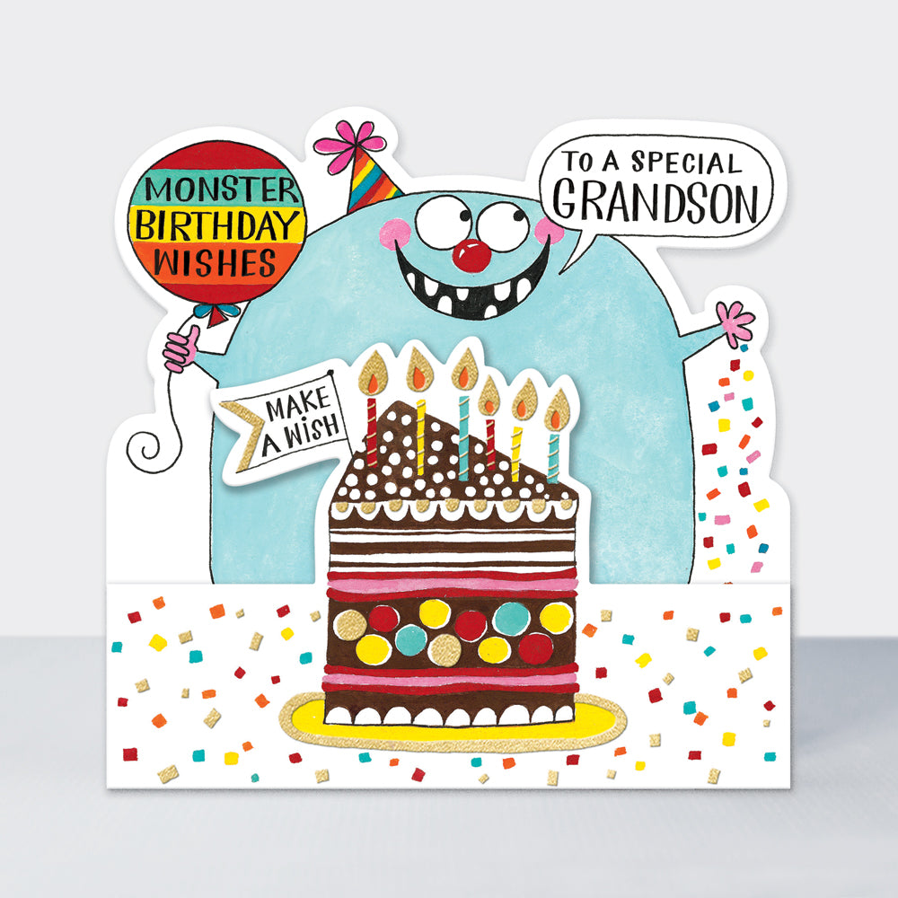 Side by Side - Special Grandson Monster Birthday Wishes Cake  - Birthday Card