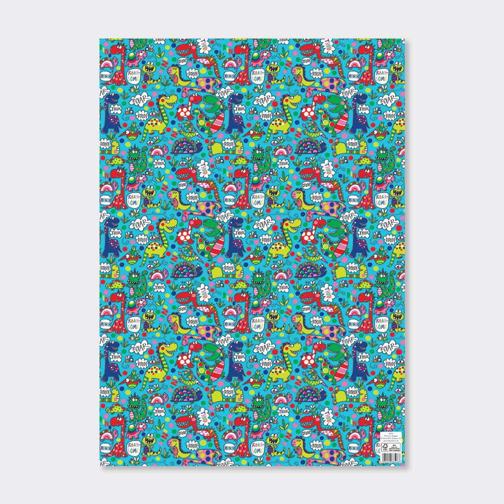 Gift Wrap Sheet - Dinosaurs on teal
