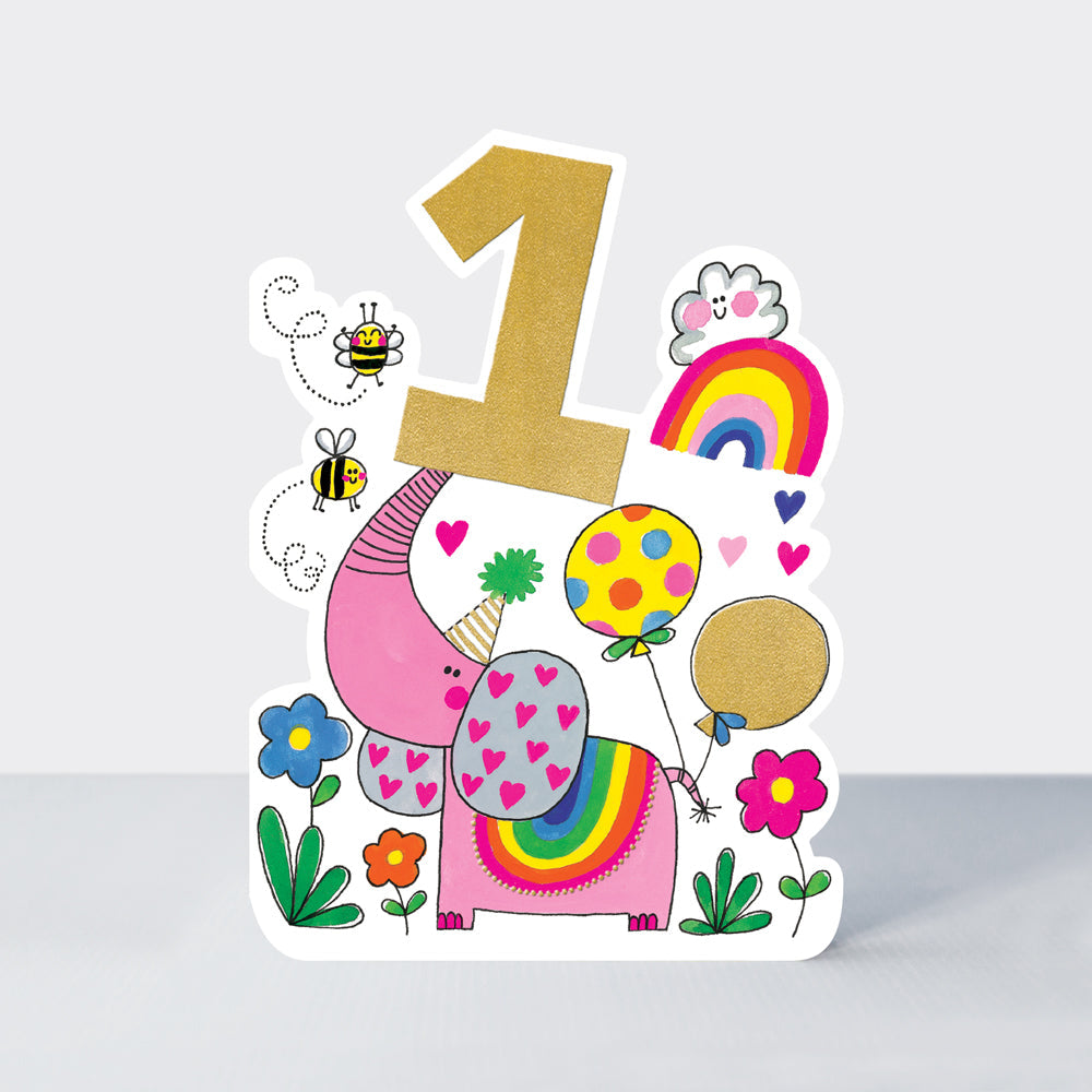 Balancing Act - Age 1 Birthday Card Girl Elephant