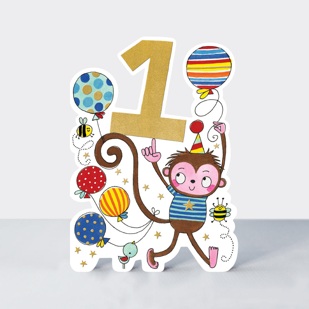 Balancing Act - Age 1 Birthday Card Boy Monkey