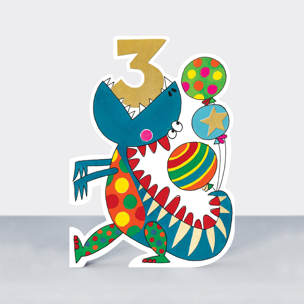 Balancing Act - Age 3 Birthday Card Boy Dinosaur