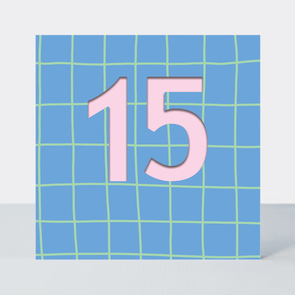 Bon Bon - Age 15 Birthday Card Blue Grid