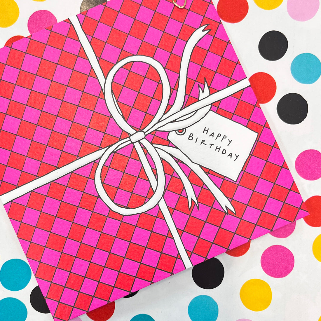 Scatter Brain - Happy Birthday/Big Pink &amp; Red Checkerboard Present Birthday Card