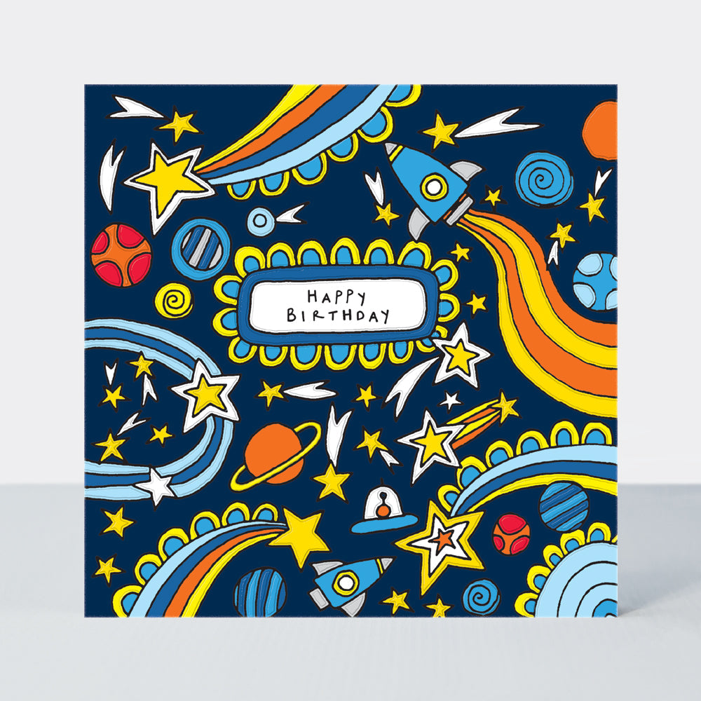 Scatter Brain - Happy Birthday/Comic Book Style Space Doodles Birthday Card