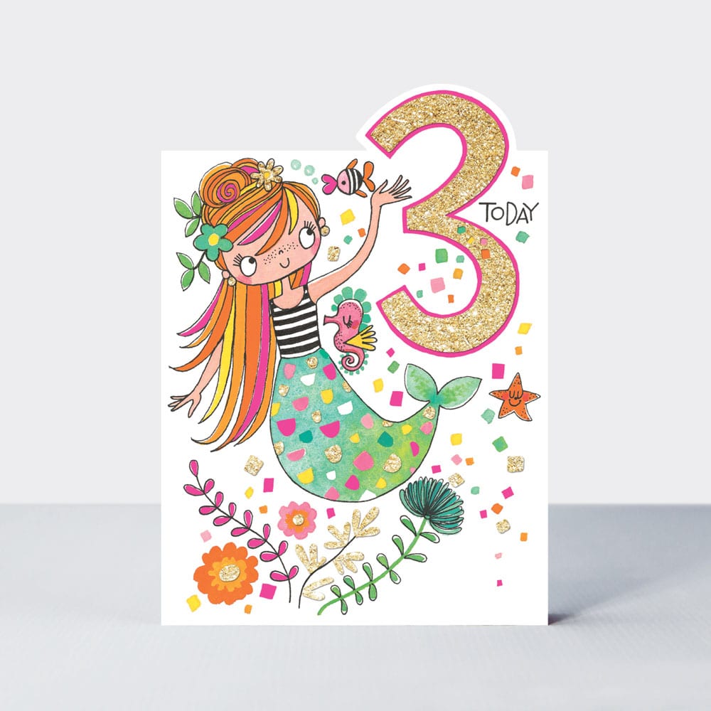Cherry on Top - Age 3 girl Mermaid  - Birthday Card