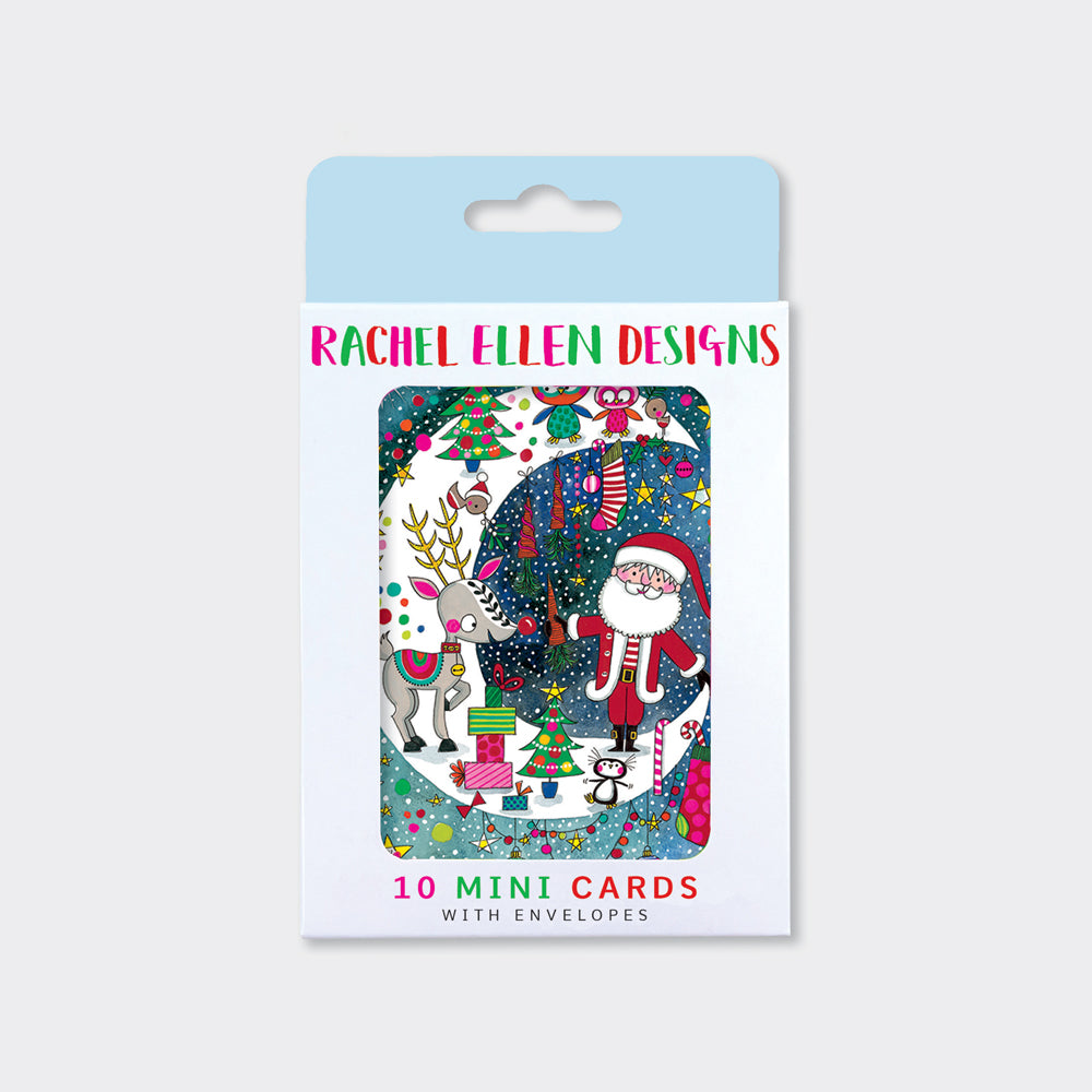 Boxed Mini Cards x 10 - Santa &amp; Rudolph on Moon