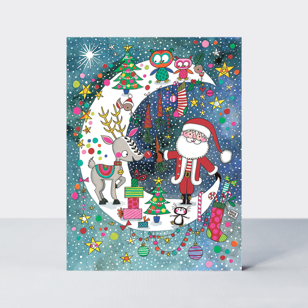 Boxed Mini Cards x 10 - Santa & Rudolph on Moon