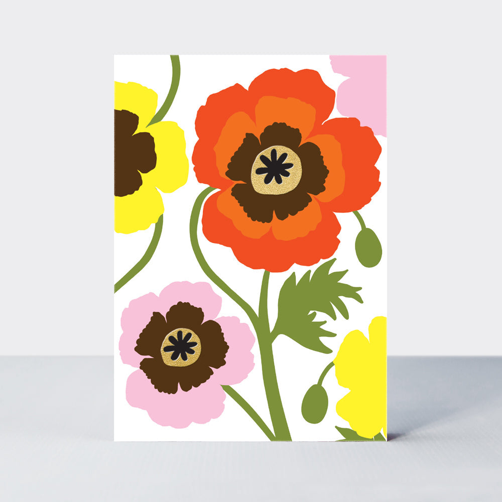 Oopsie Daisy - Pink, Red &amp; Yellow Poppies Blank Card