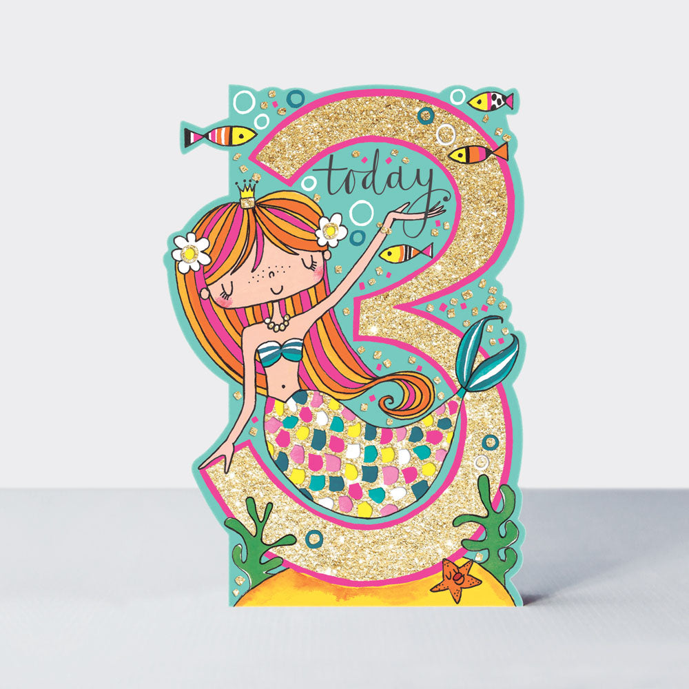 Little Darlings - Age 3 Girl Mermaid  - Birthday Card