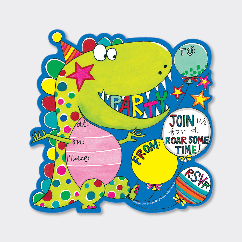 Roar-some Dinosaur Party Invitations (8 Pack) - Green and Blue with Balloons