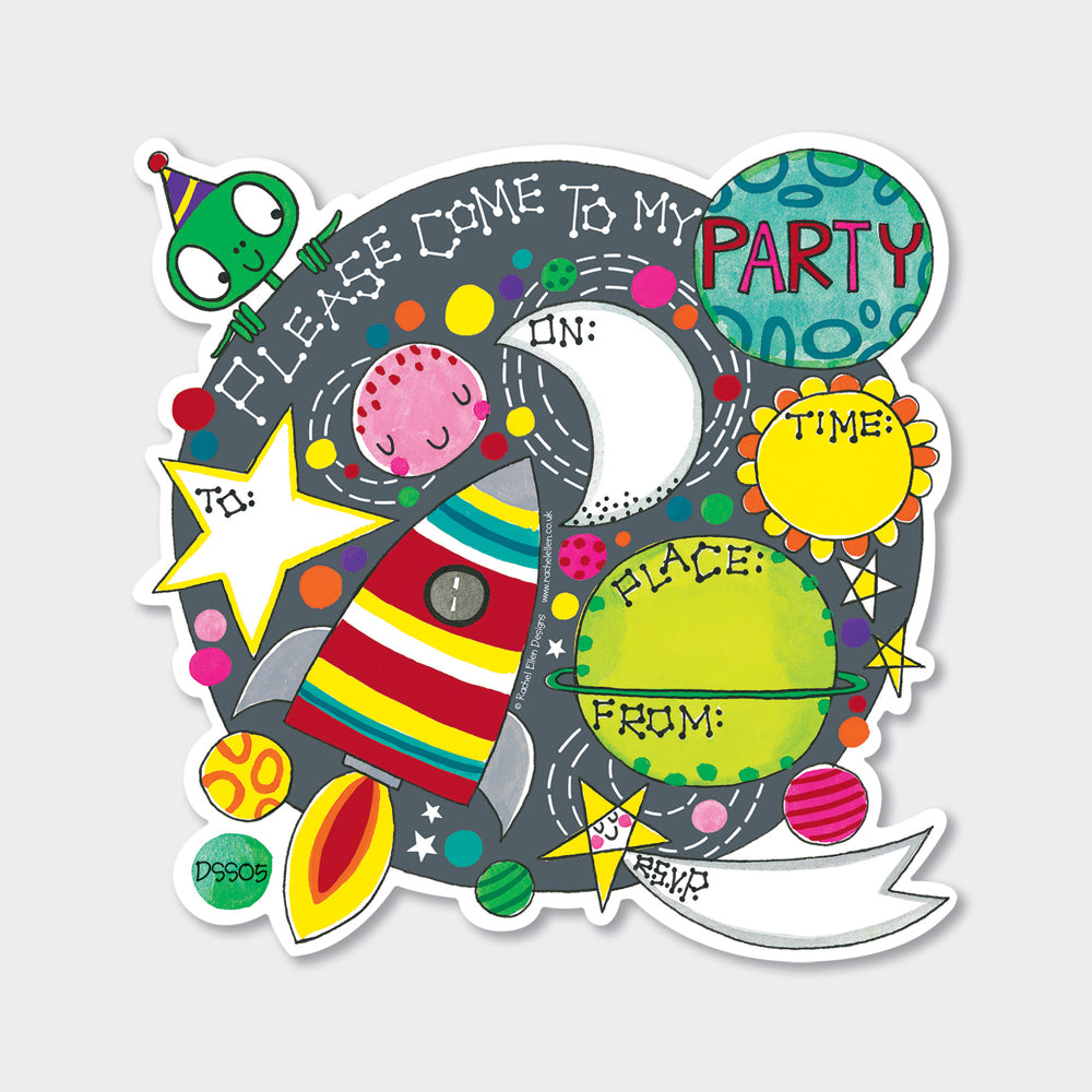 Space Party Invitations (8 Pack) - Rocket and Alien