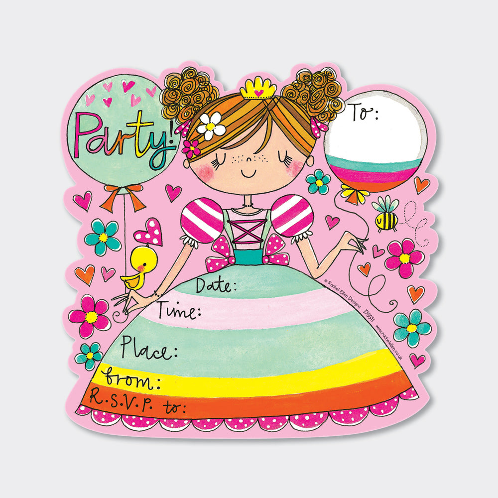 Pink Princess Party Invitations (8 Pack) - Flowers and Hearts