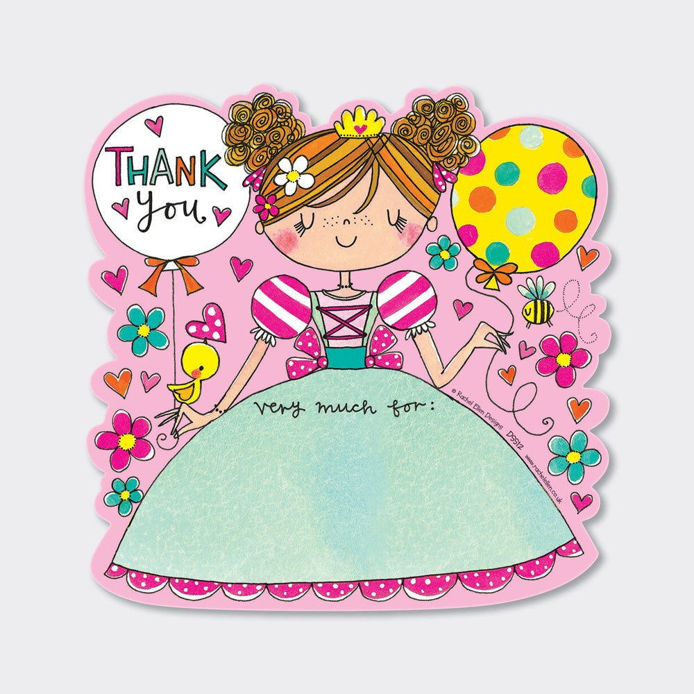 Pink Princess Thank You Note Cards (8 Pack) - Flowers and Hearts