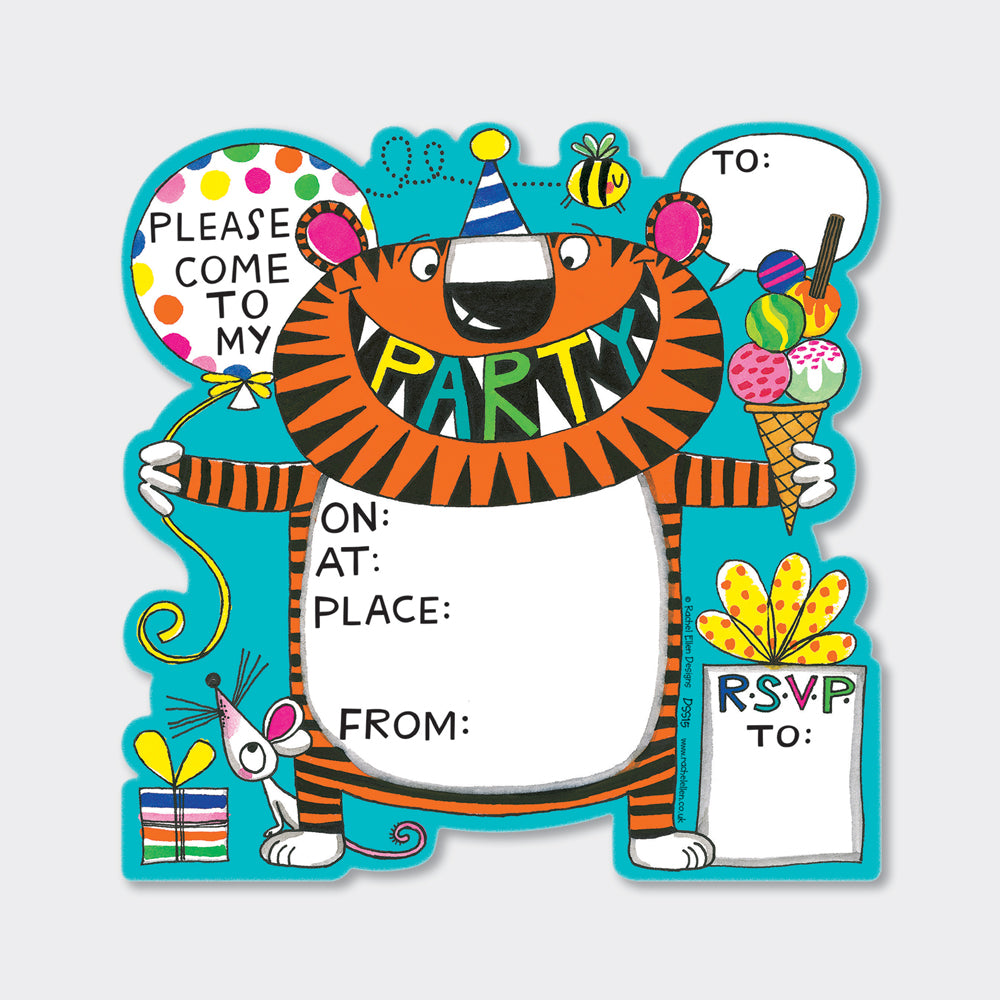 Tiger Kids Party Invitations (8 Pack) - With Presents and Ice Cream