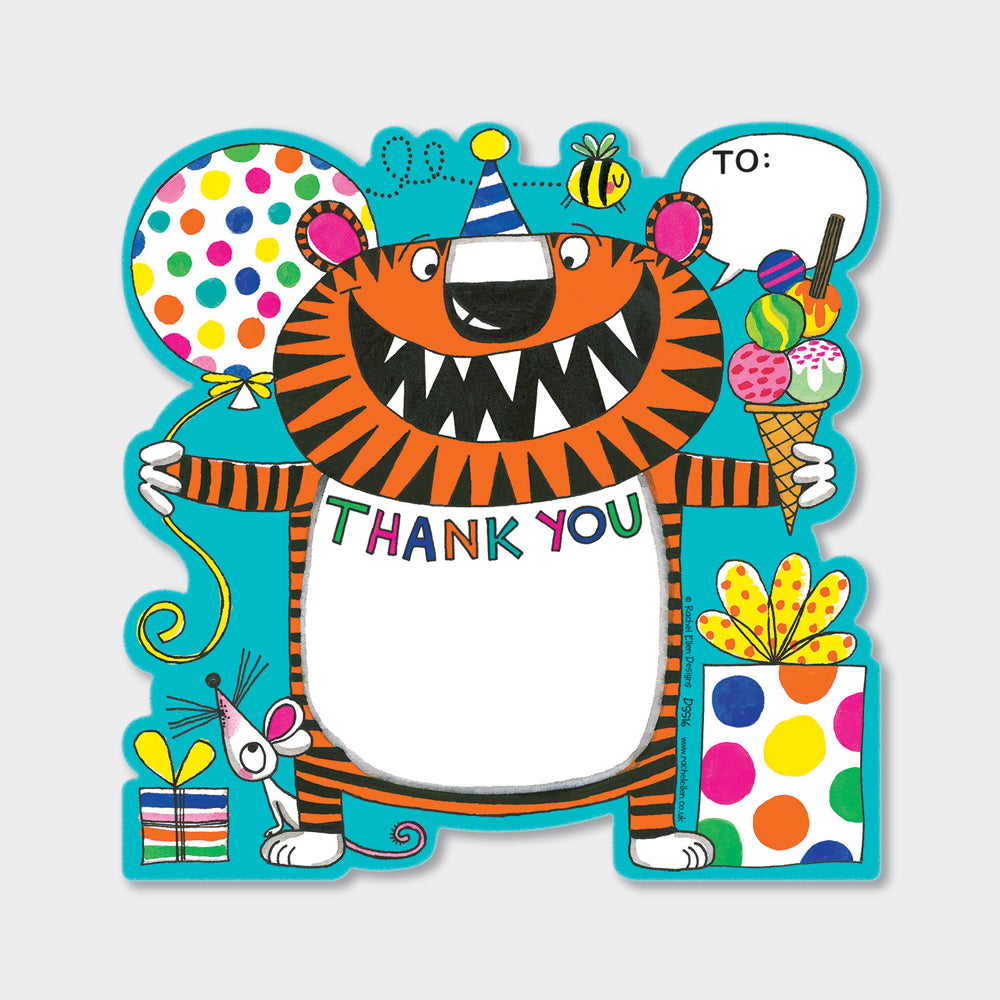 Tiger Kids Thank You Note Cards (8 Pack) - With Presents and Ice Cream