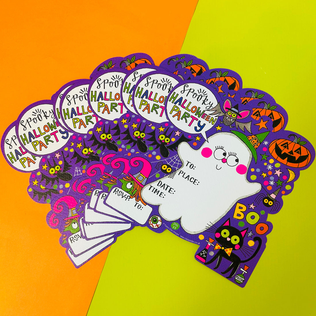 Halloween Party Invitations (8 Pack) - Spooky ghost with purple background