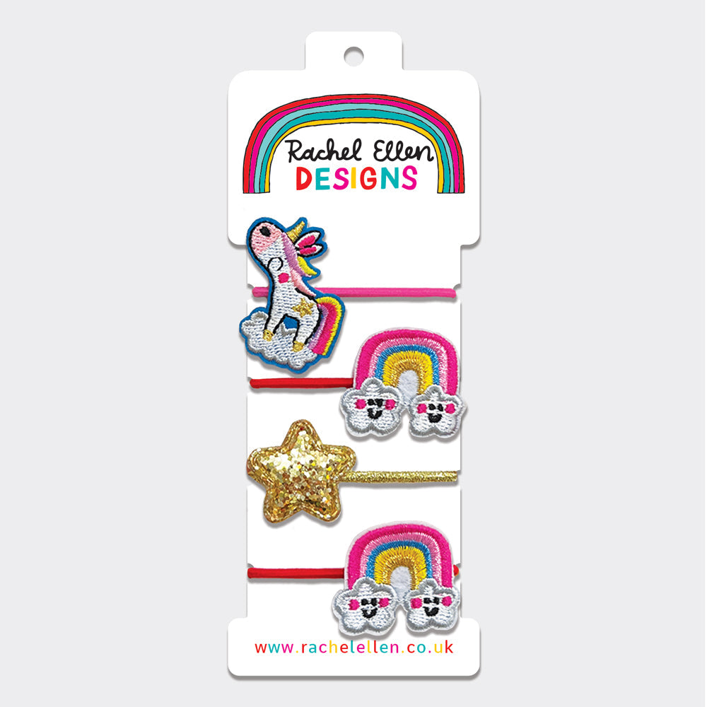 Hair Elastics (4 Pack) - Unicorn, Rainbow, Glitter Star