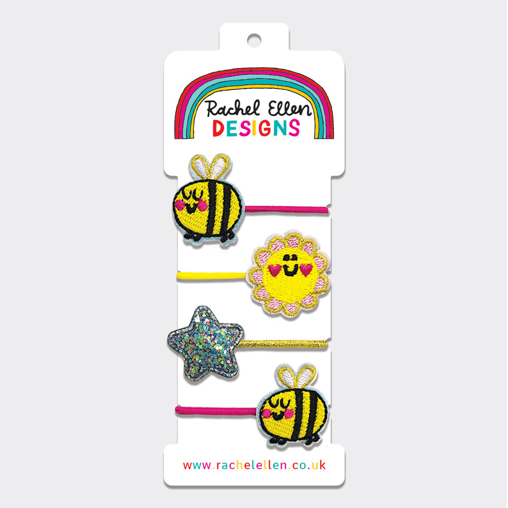 Hair Elastics (4 Pack) - Bees, Flower, Glitter Star
