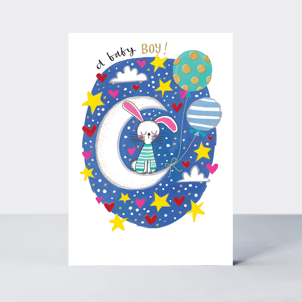 Fingerprint - Baby Boy/Rabbit On Moon Greetings Card
