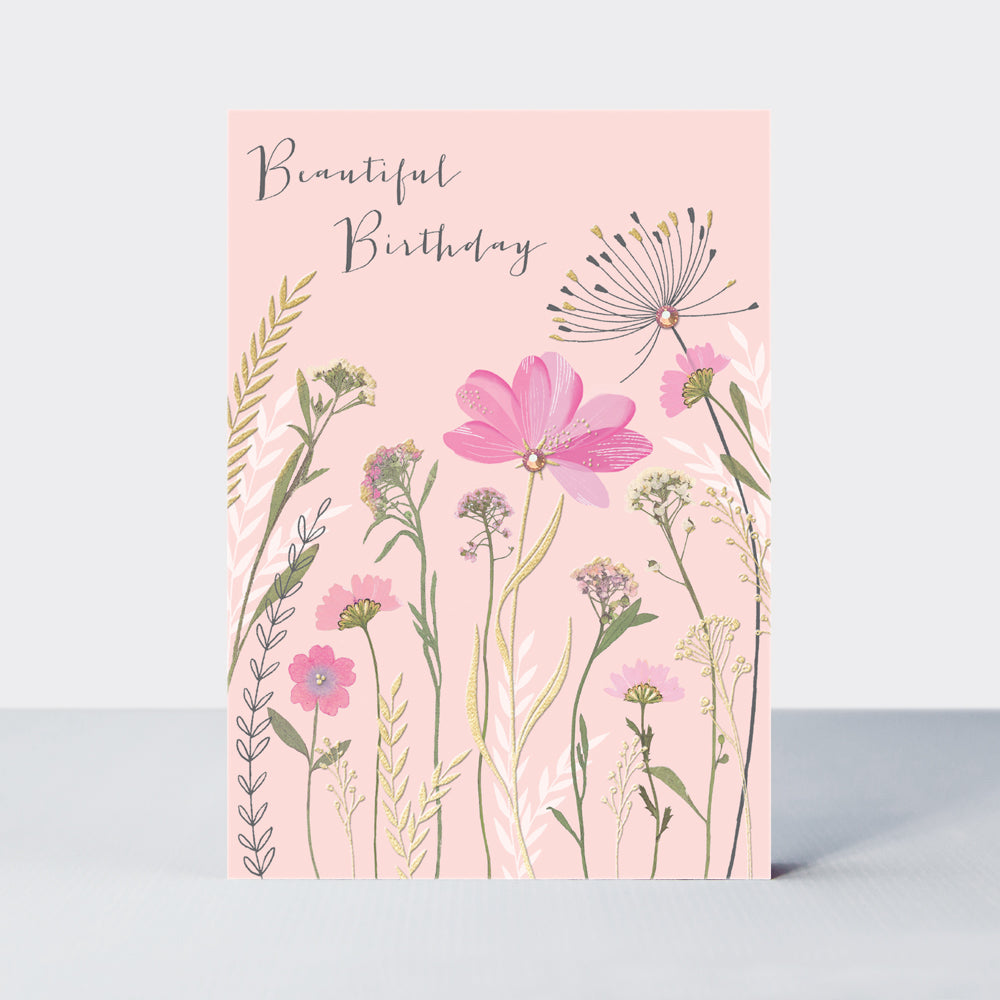 Wild Flower - Open birthday floral on light pink  - Birthday Card