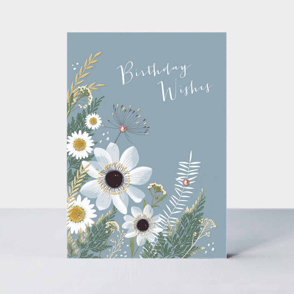 Wild Flower - Open birthday white flowers on grey  - Birthday Card