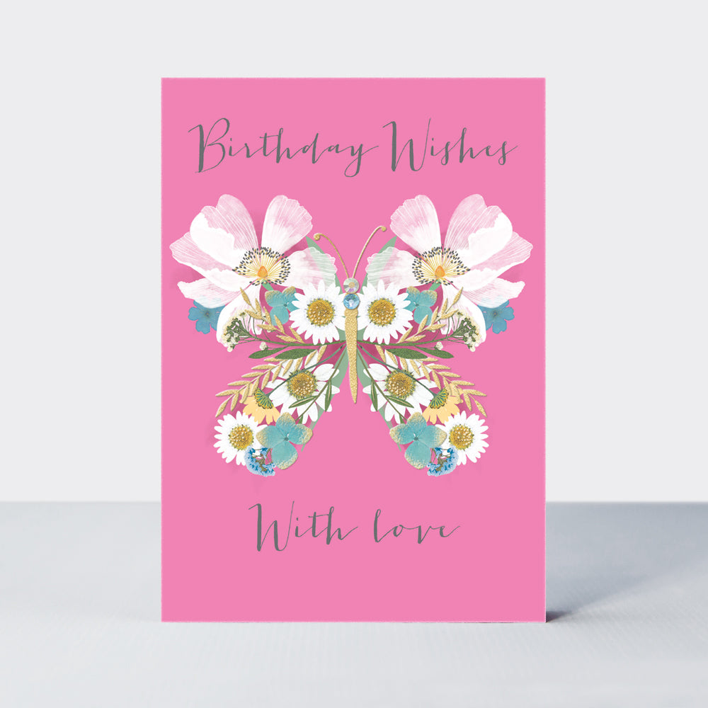 Wild Flower - Open birthday butterfly on pink  - Birthday Card
