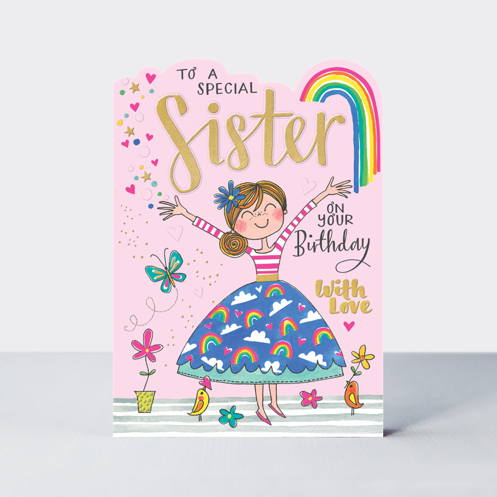 Fred & Ginger - Special Sister Girl In Rainbow Skirt - Birthday Card