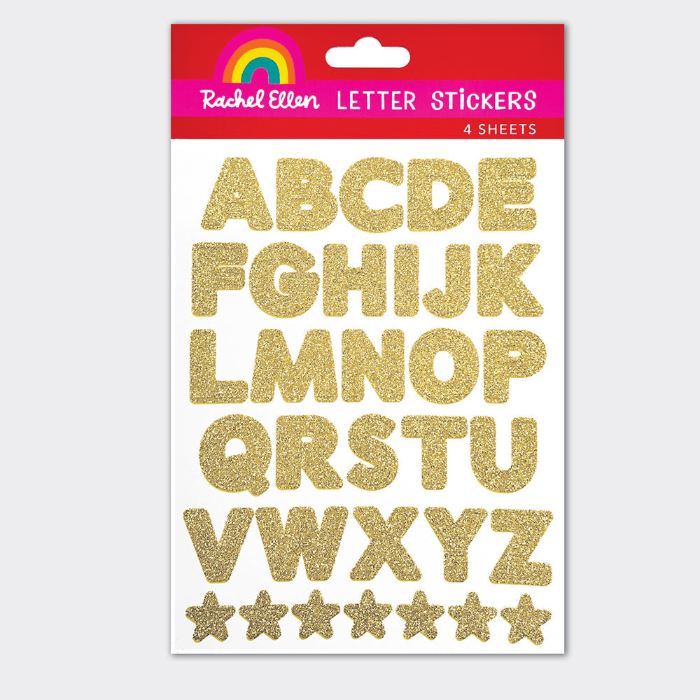 Rachel Ellen Designs premium gold glitter letter stickers for luxury card making and monogramming, 4 sheets of sparkly alphabet initials.