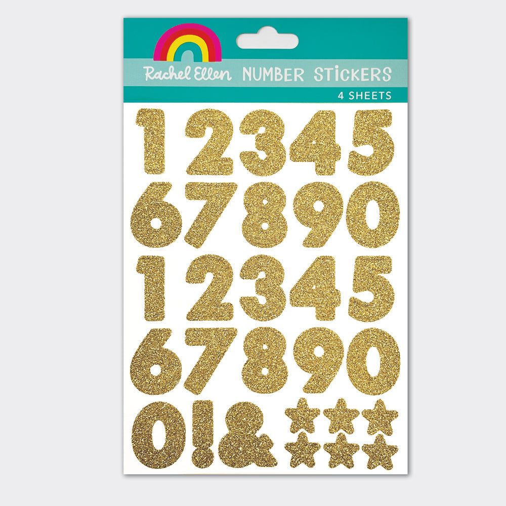Luxury gold glitter number stickers by Rachel Ellen Designs, 4 sheets of sparkling self-adhesive digits for birthday cards and ages.