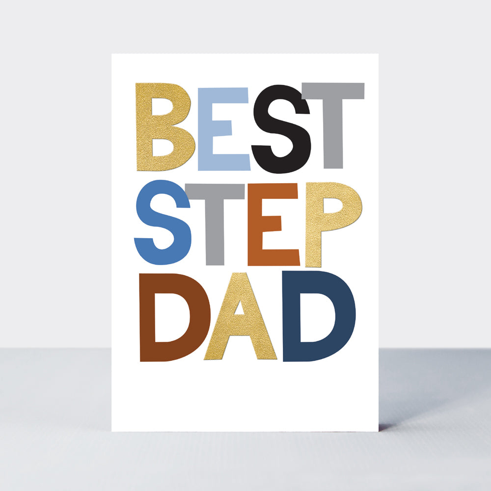 Father's Day Hero card for a step-dad with 'Best Step Dad' in bold typographic gold and blue lettering.