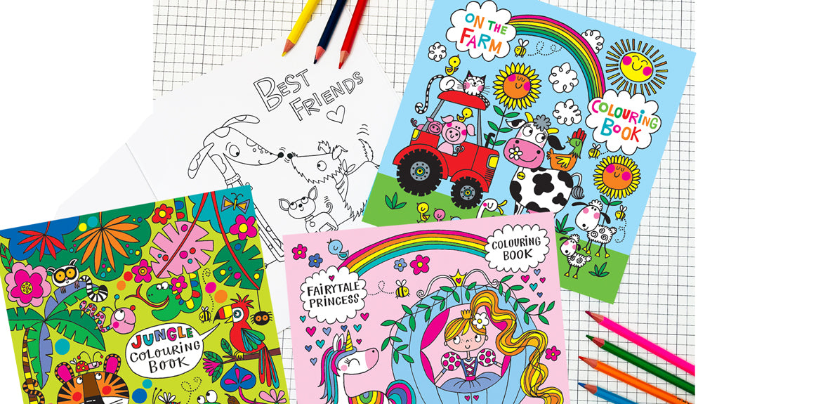 Rachel Ellen Designs new collection of children's colouring books featuring jungle, princess, and farm designs.