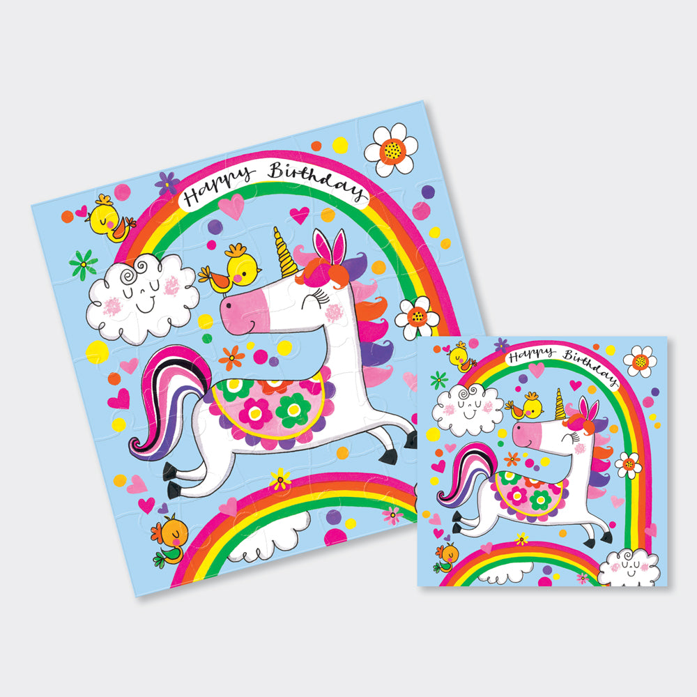 Jigsaw Card - Happy Birthday Unicorn & Rainbows  - Birthday Card