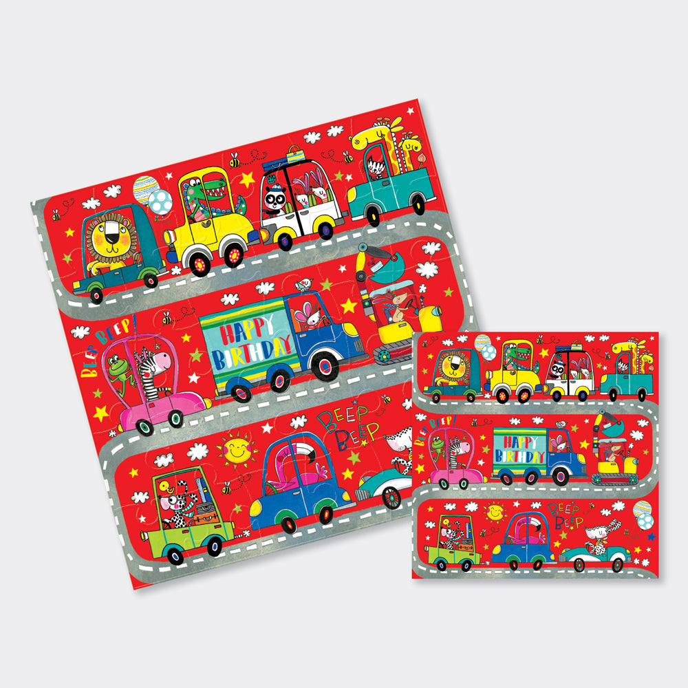 Jigsaw Card - Happy Birthday Beep beep cars  - Birthday Card