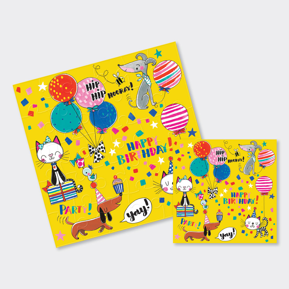 Jigsaw Card - Happy Birthday cats & dogs  - Birthday Card