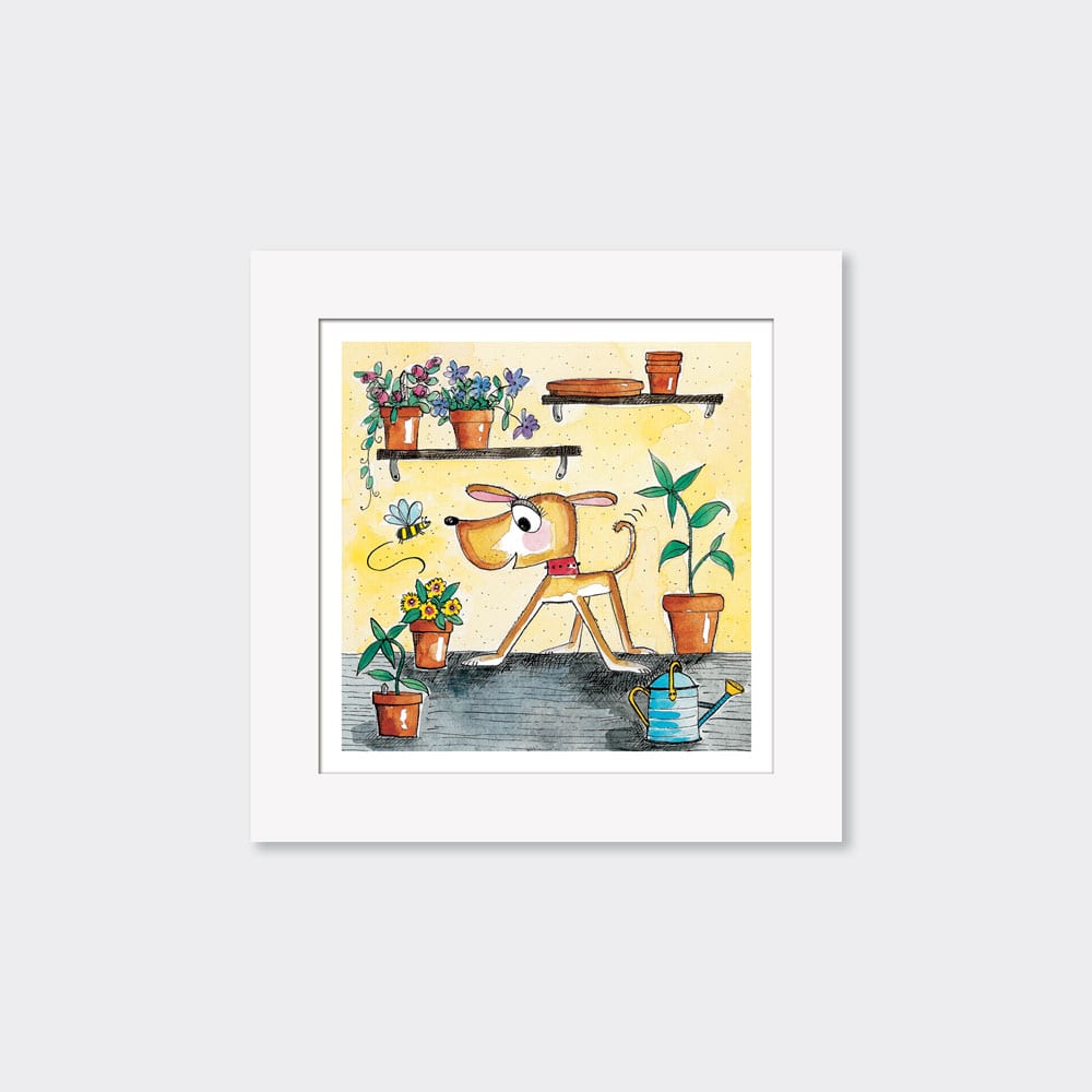 Mounted Limited Edition Print ‐ Dog and Plant Pots