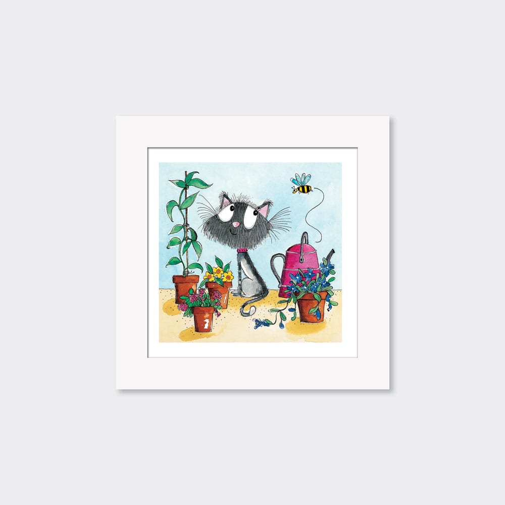 Mounted Limited Edition Print ‐ Cat and Plant Pots