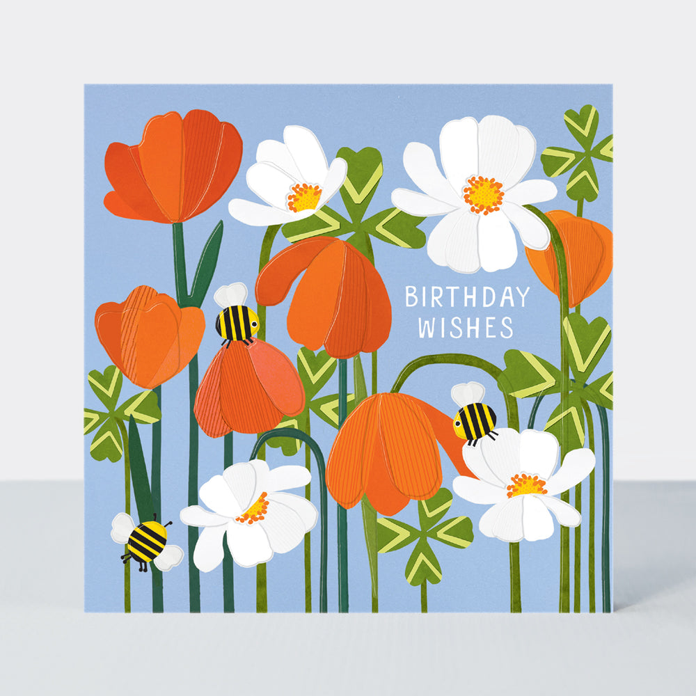 Paper Petals - Birthday Wishes Card - Paper Cut Clover, Cosmos &amp; Bee