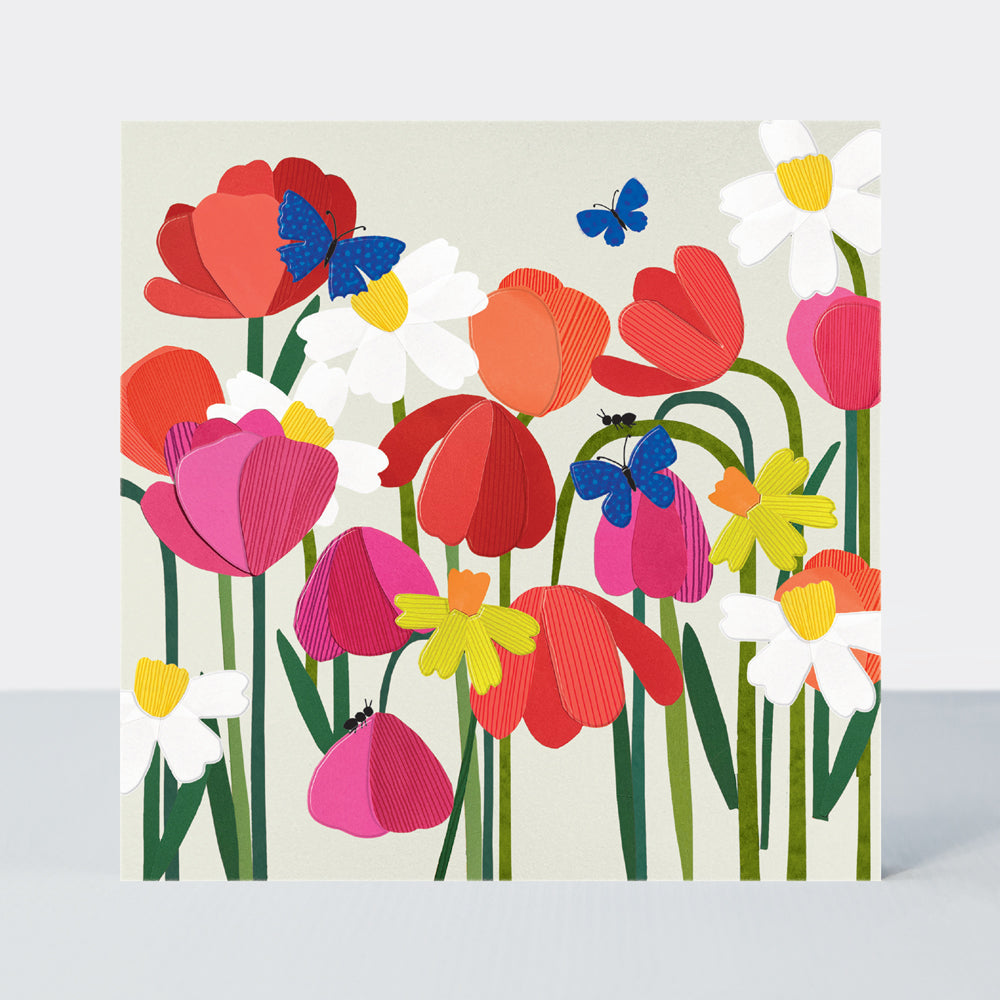 Paper Petals - Blank Card - Paper Cut Daffodils, Tulips &amp; Butterflies