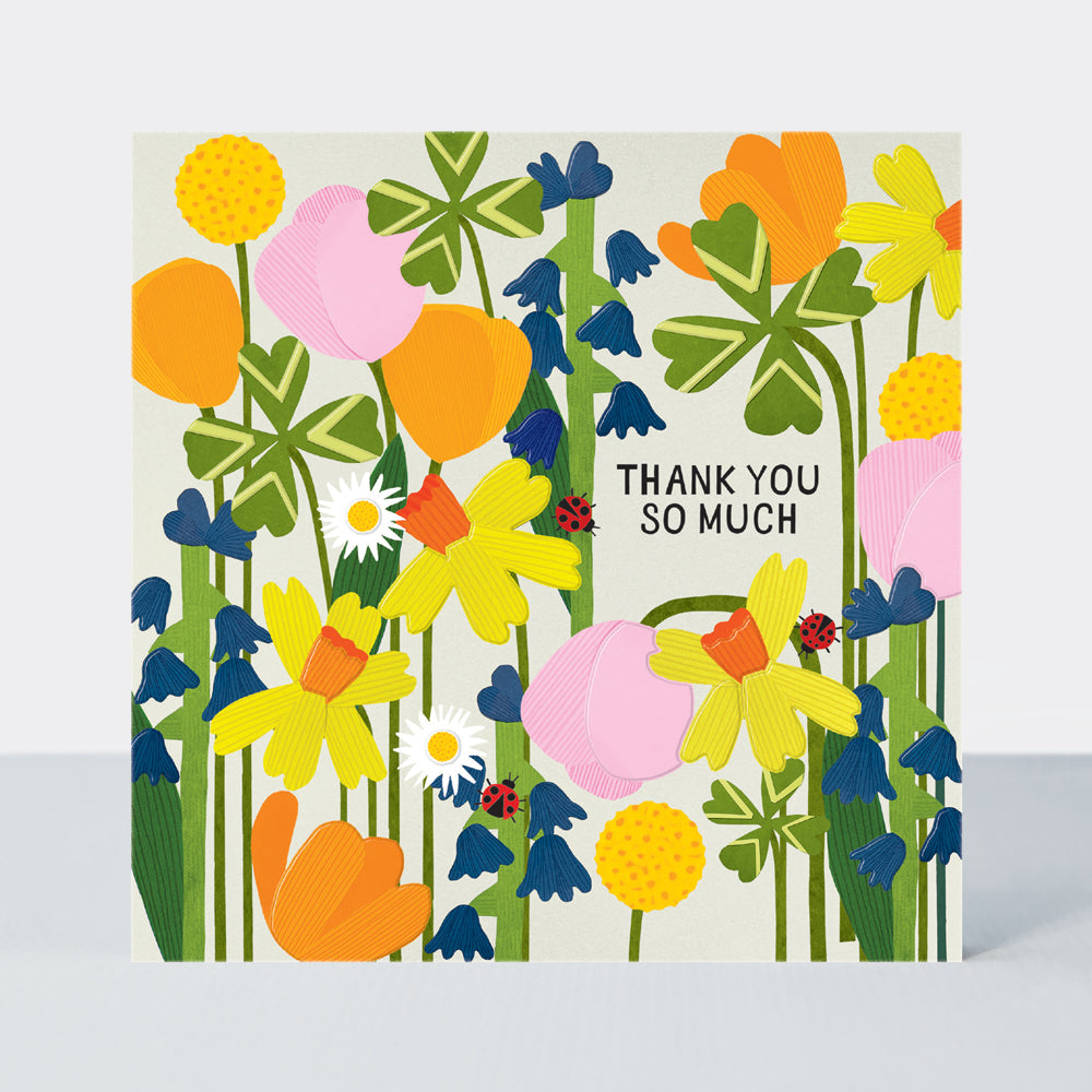 Paper Petals - Thank You Card - Paper Cut Spring Blooms &amp; Ladybirds