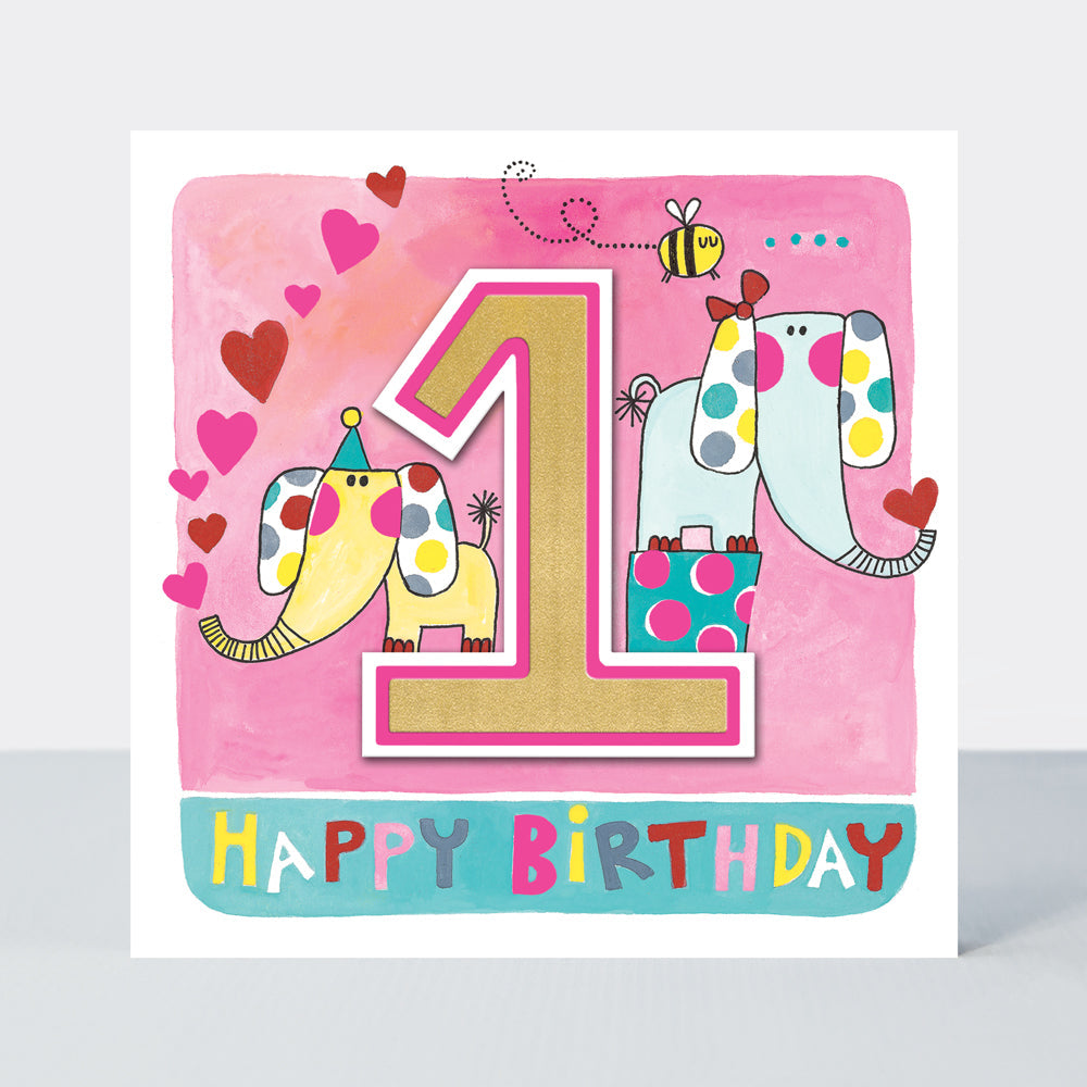 Rhubarb - Age 1 Girl/Elephants birthday card