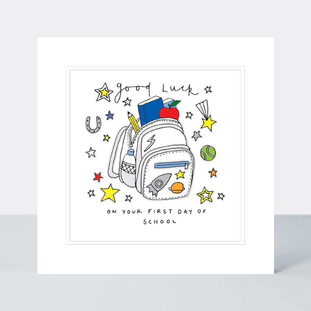 Pocket Rocket - Good Luck 1st Day- Rucksack Boy - Greetings Card