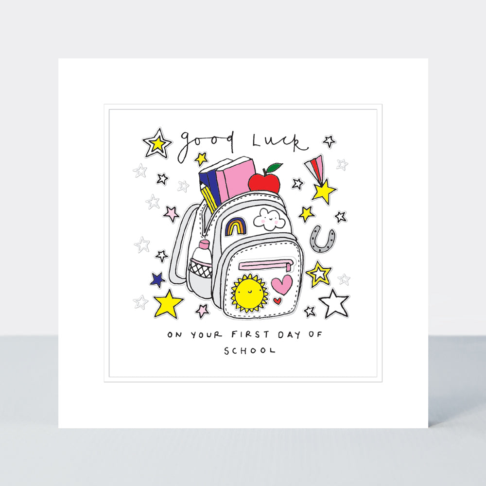 Pocket Rocket - Good Luck 1st Day - Rucksack Girl - Greetings Card