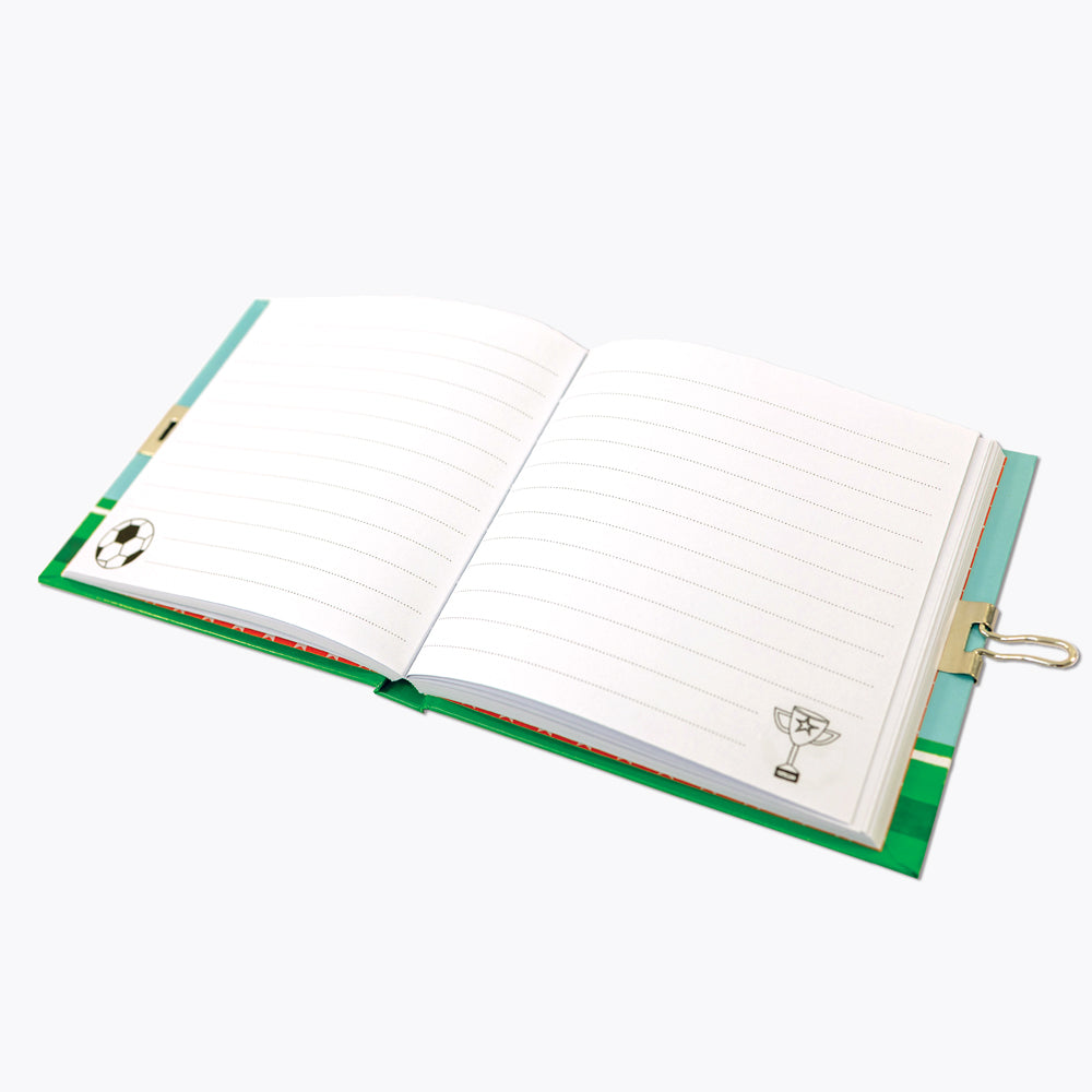 Girls football secret diary open to lined pages with padlock