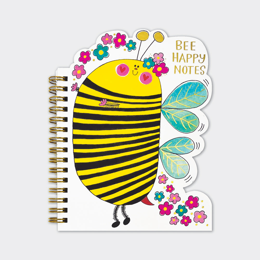 Buzzy Bee Shaped Wire Bound Notebook | Gold Foil &amp; &quot;Bee Happy Notes&quot;