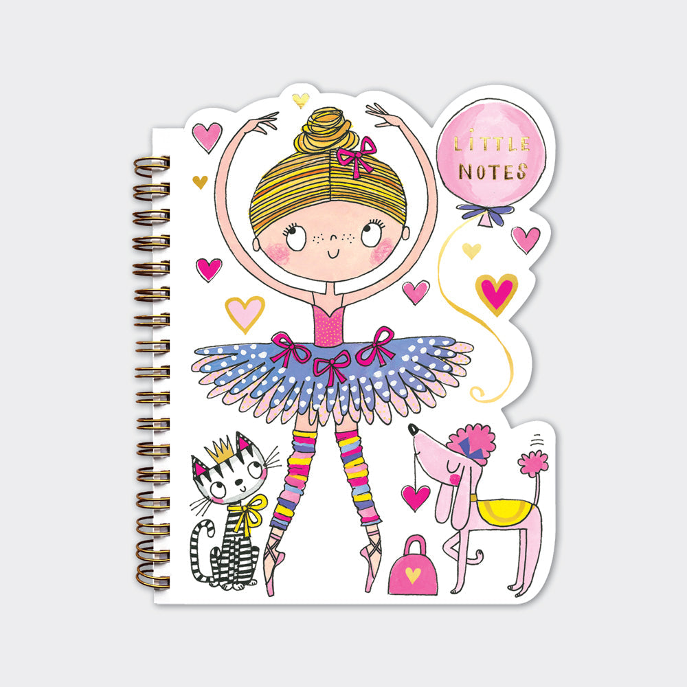 Ballerina shaped notebook with die-cut cover featuring gold foil tutu and ballet details